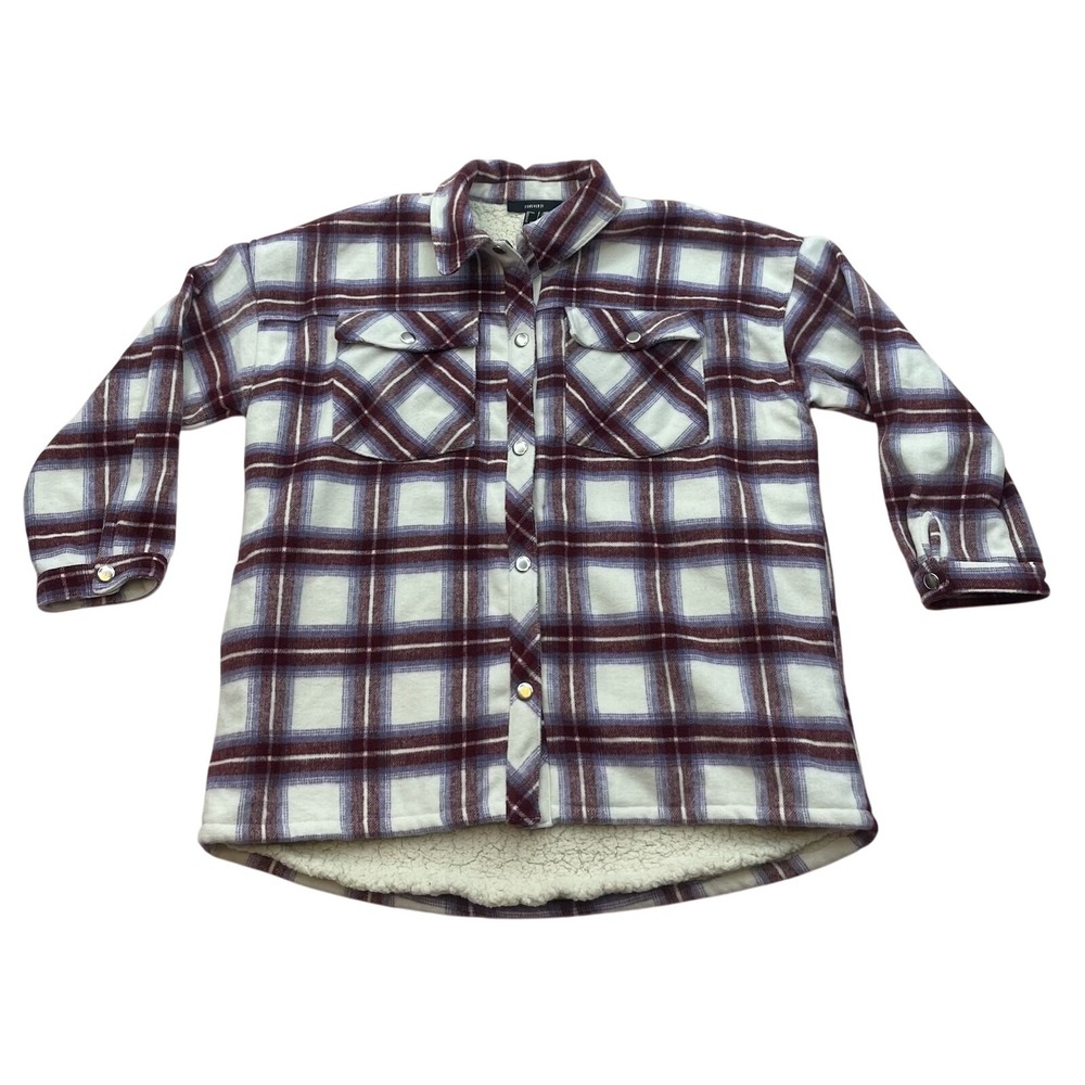 Forever 21 Sherpa Lined Flannel Shacket‎ Plaid Jacket Womens L Burgundy Cream